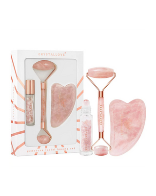 Roler za lice + gua sha tanjur + rol-on bočica Rose quartz beauty set Crystallove - 1