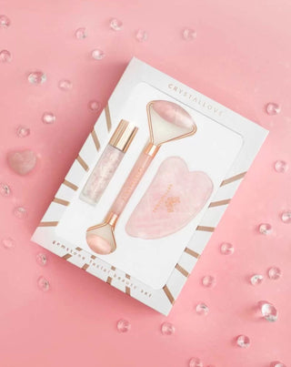 Roler za lice + gua sha tanjur + rol-on bočica Rose quartz beauty set Crystallove - 2
