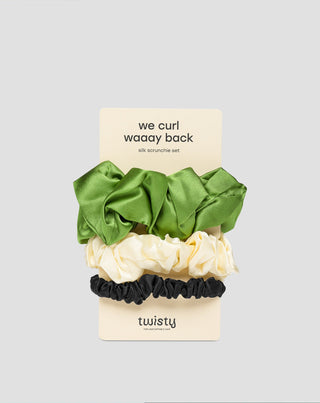 Set svilenih gumica za kosu od 100 % prirodne svile - zelena, krem, crna Twisty 3 kom.