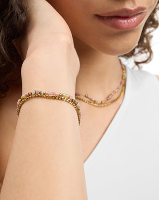 Pozlaćena ogrlica od nehrđajućeg čelika s ružičastim i limunovim žadom Mys_2