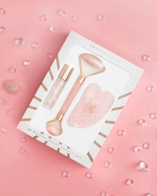 Roler za lice + gua sha tanjur + rol-on bočica Rose quartz beauty set Crystallove - 2